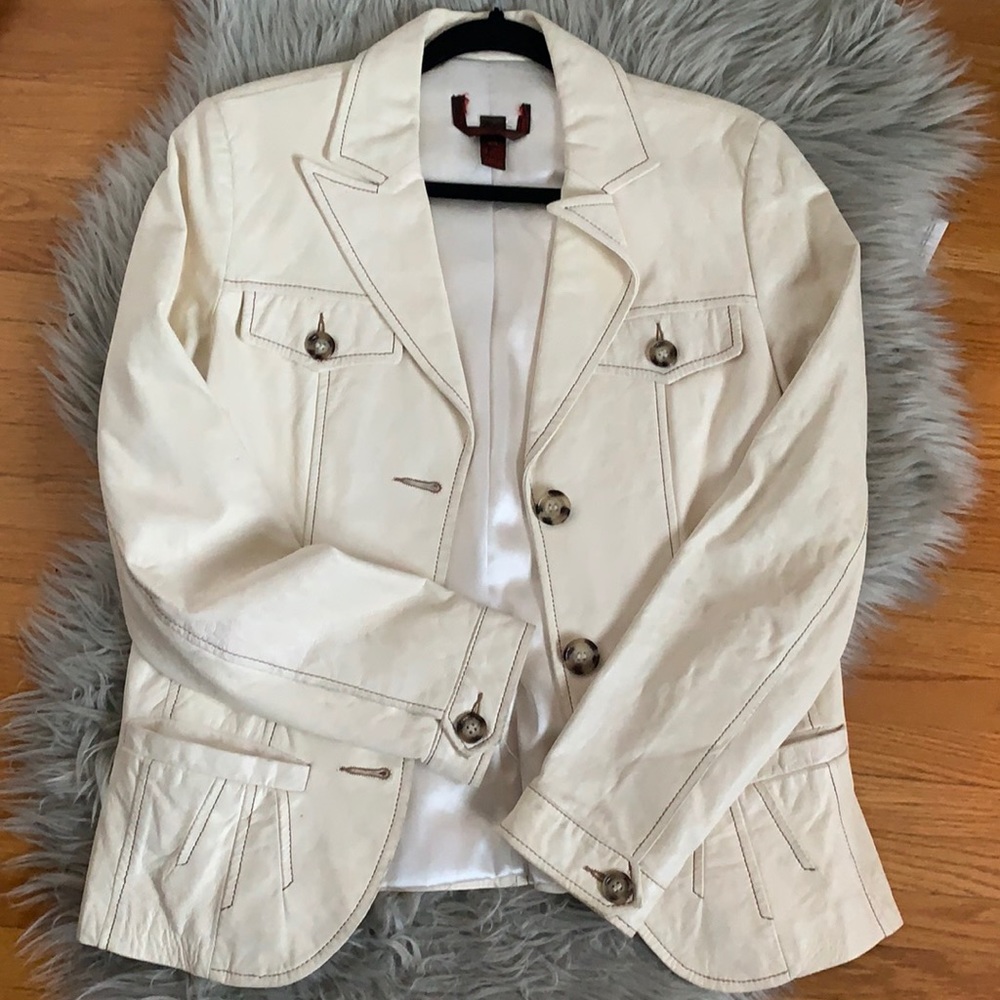 Cream Soft Leather Jacket with Button Closure Contrast Stitching